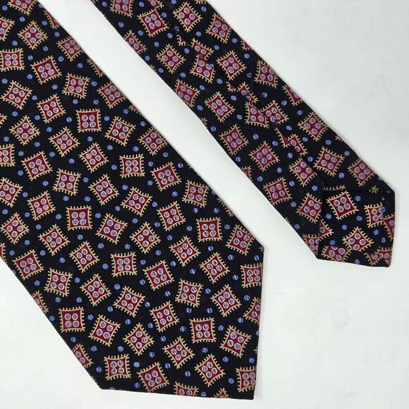 BRIONI SILK TIE BLACK RED BLUE DOMINOES GEOMETRIC PATTERN GOLD TAG 4" X 59" - Picture 1 of 4